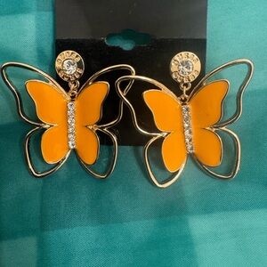 Guess Gold-Tone Orange Butterfly Drop Earrings with Crystals